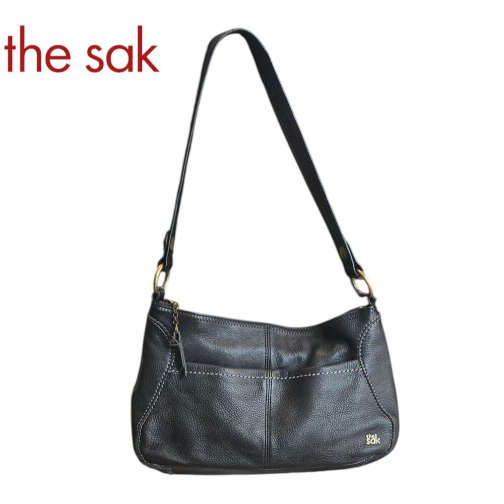 The Sak Black Slouchy Hobo Shoulder Bag Contrast Stitching Front Pockets